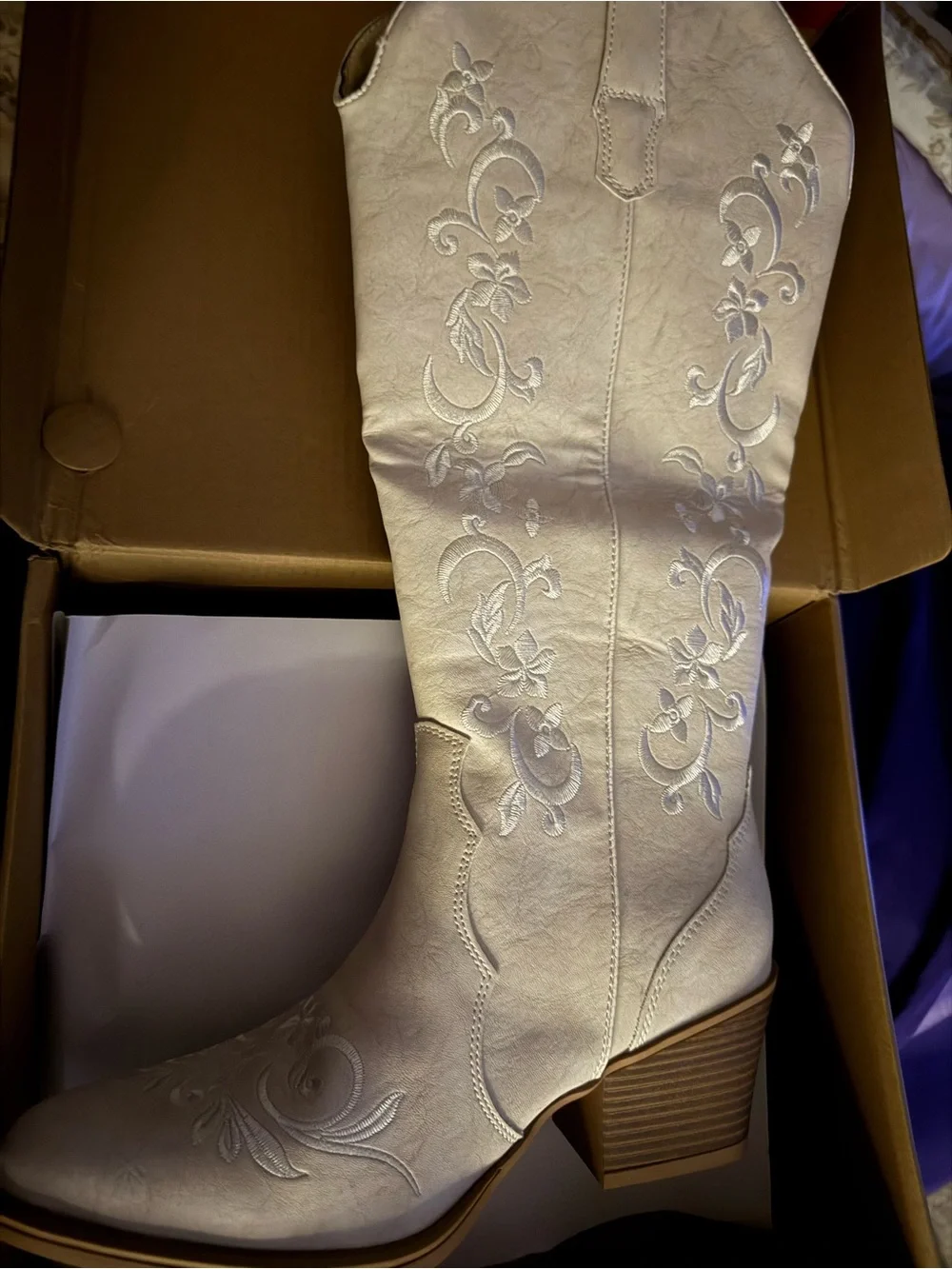 Embroidered Over-the-Knee Women's Boot in Ivory